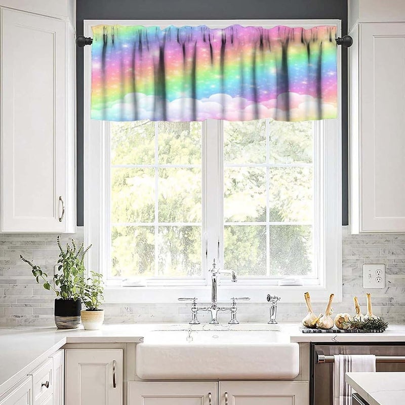 AAVEUP Rainbow Clouds Valance Curtain Fantasy Pink Starry Night Clouds Colourful Art Window Treatment Valances Curtains for Kids Room Bedroom Living Room 54x18In - Image 5